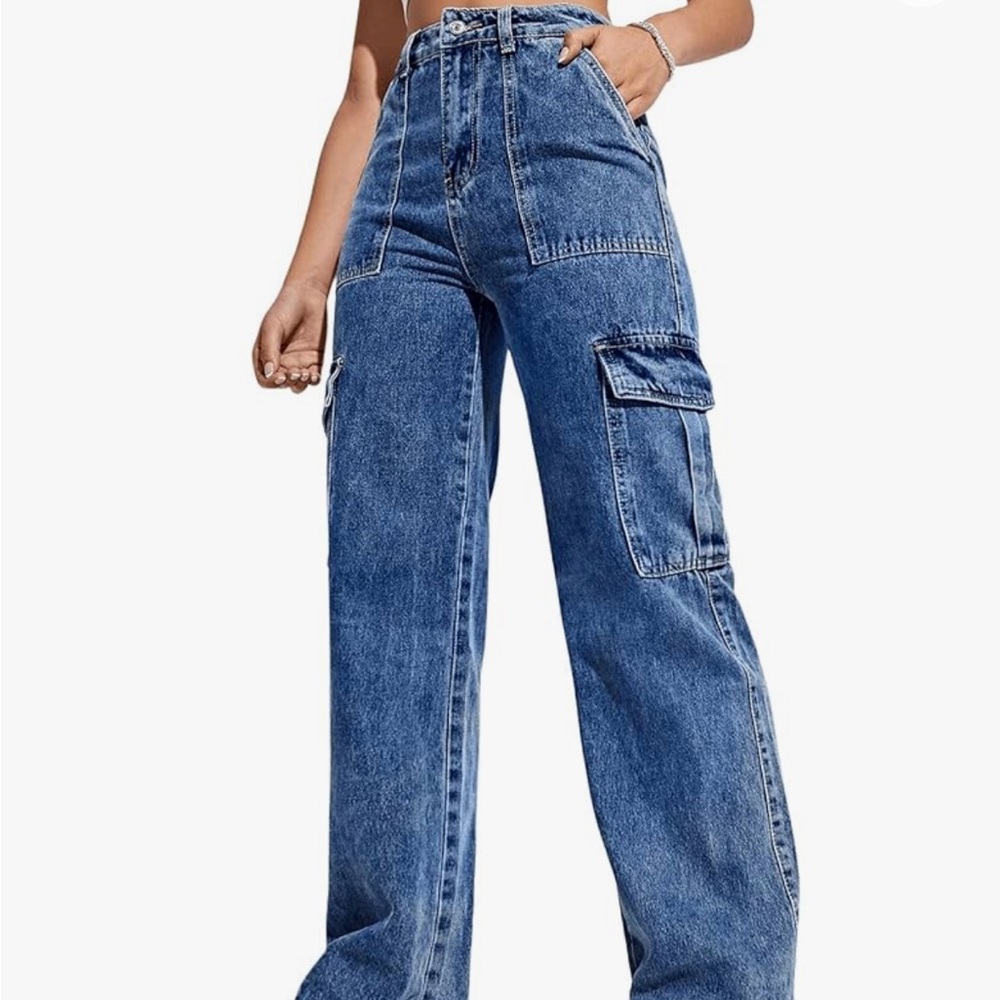 High waist denim cargo jeans